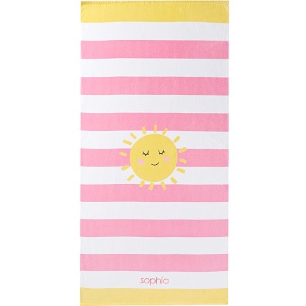 Never used! Pottery Barn Sunshine Stripe Personalized Beach Towel name “Emilia”